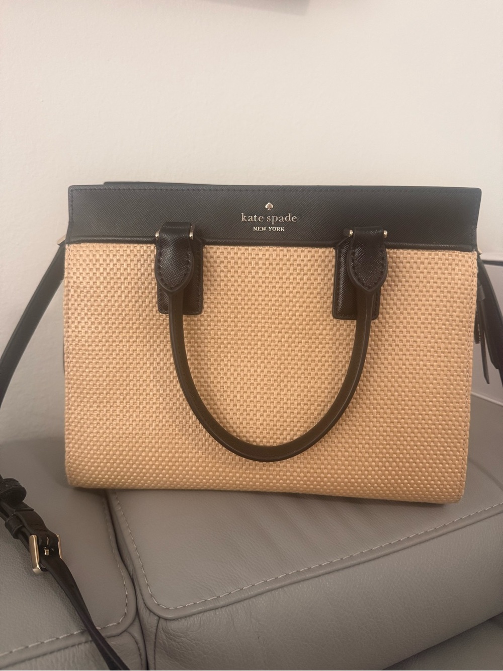 kate spade Natural Straw Satchel with Black Leather Trim